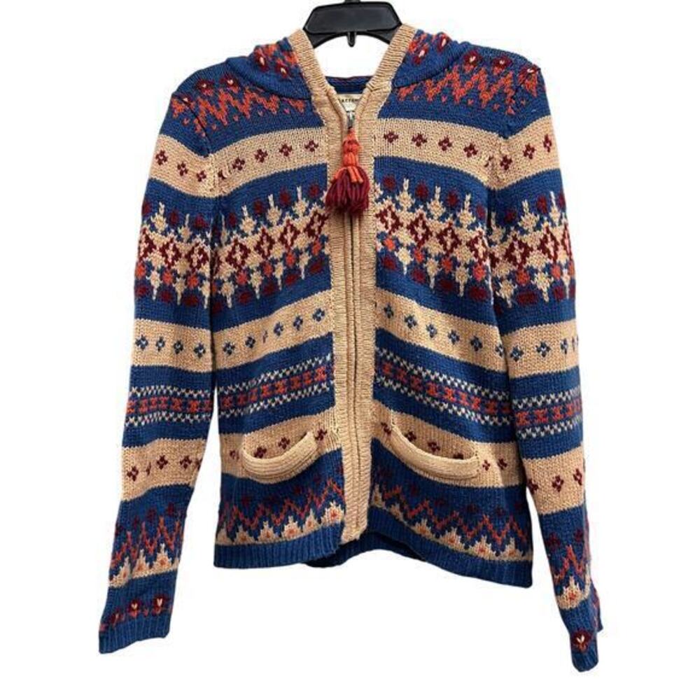 Anthropologie Sweater SPARROW Full Zip Front FAIRISLE HOODED Tassels Hoodie Sz M